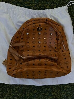 MCM Cognac Logo Studded Backpack with Gold Plate